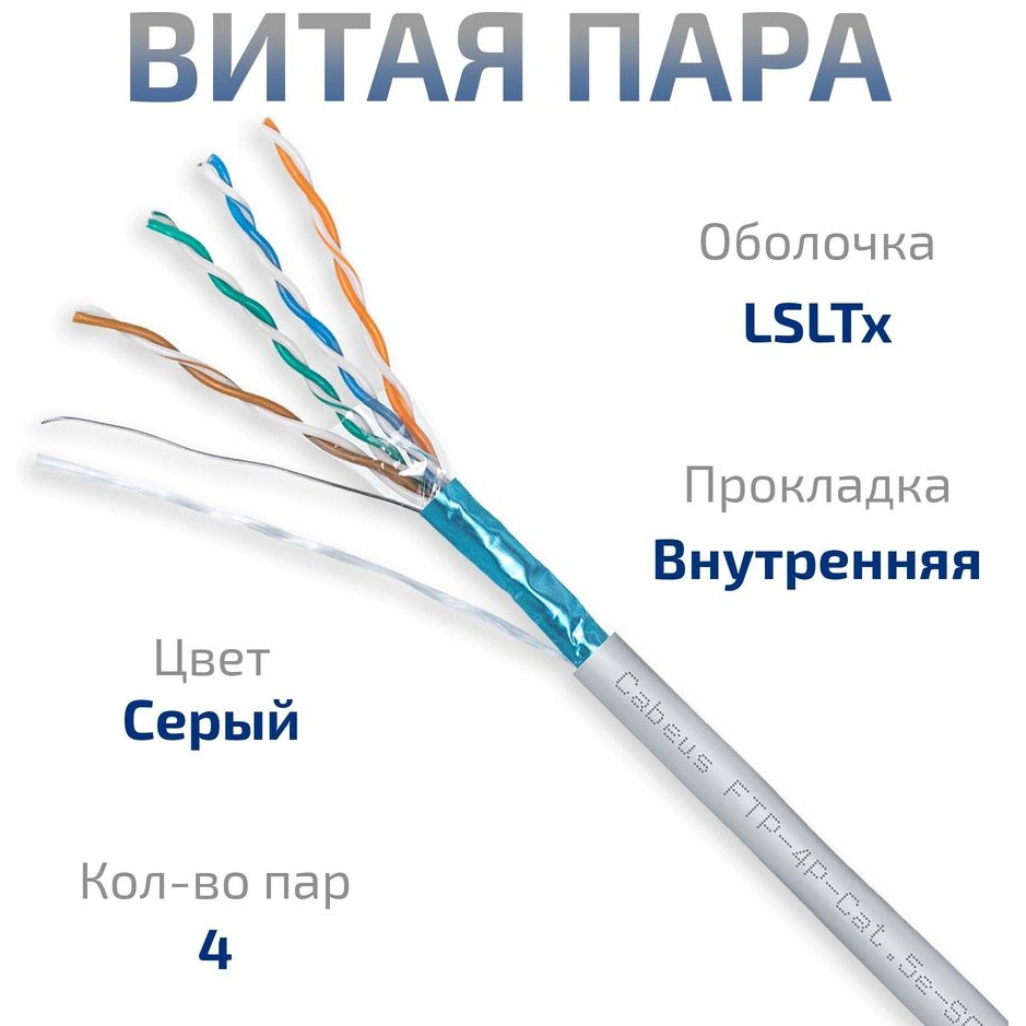 Кабель витая пара F/UTP 5e кат. 4 пары Cabeus FTP-4P-Cat.5e-SOLID-LSLTx-GY-25 — изображение 3