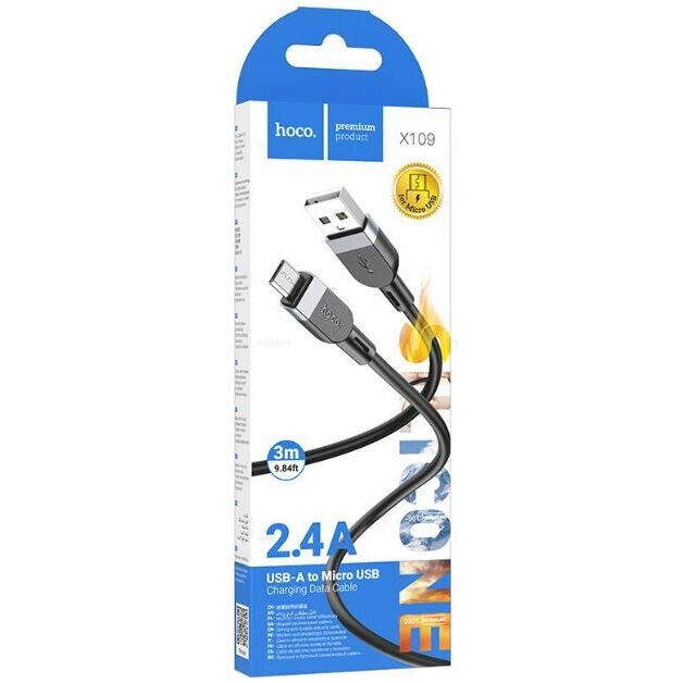 Кабель USB A (M) - microUSB B (M), 3м, HOCO X109 Black (HC-36353) — изображение 2