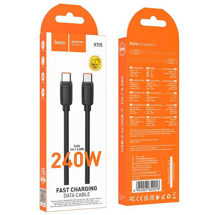 Кабель USB Type-C - USB Type-C, 1м, HOCO X115 Black (52018) — изображение 3