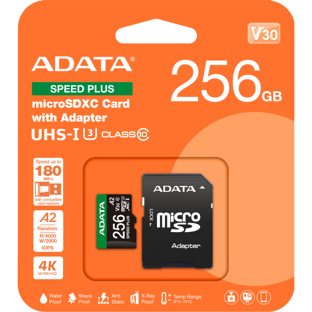 Карта памяти 256GB MicroSD ADATA SPEED PLUS + SD адаптер (UD256GUI3V30A2SP-RA1) — изображение 2