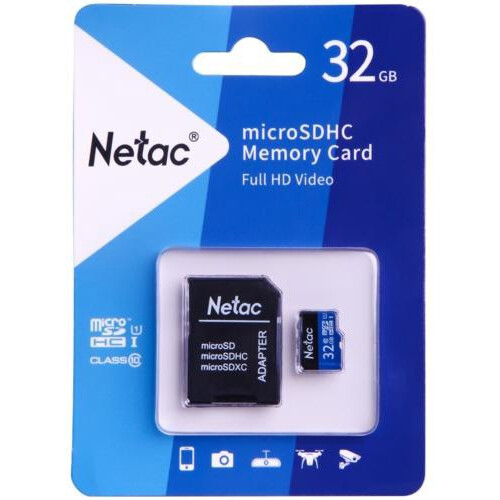 Карта памяти 32GB MicroSD Netac P500 Standard + SD адаптер (NT02P500STN-032G-R)