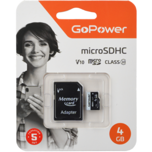 Карта памяти 4GB MicroSD GoPower + SD адаптер (00-00025672)
