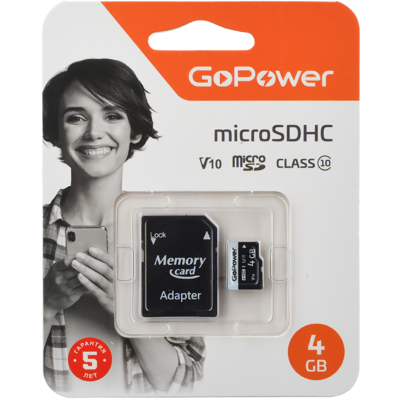 Карта памяти 4GB MicroSD GoPower + SD адаптер (00-00025672)