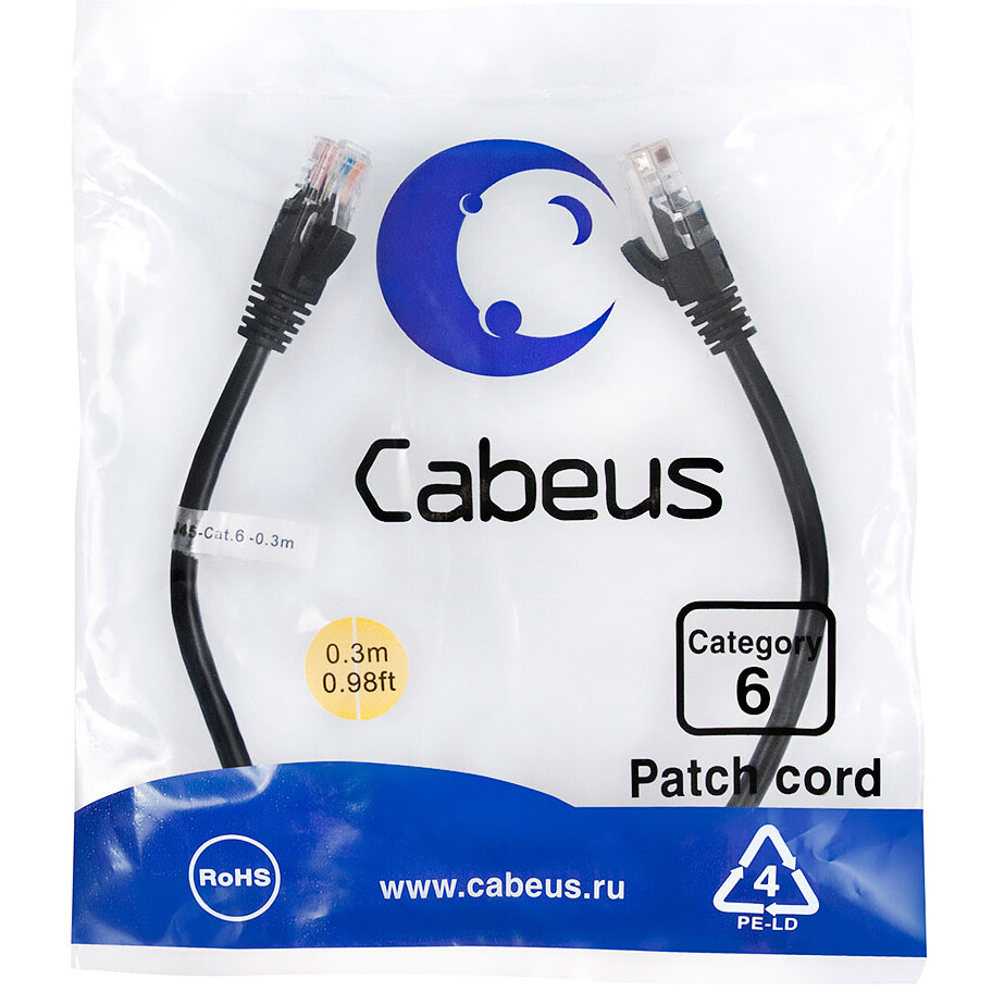 Патч-корд Cabeus PC-UTP-RJ45-Cat.6-0.3m-BK, 0.3м — изображение 2