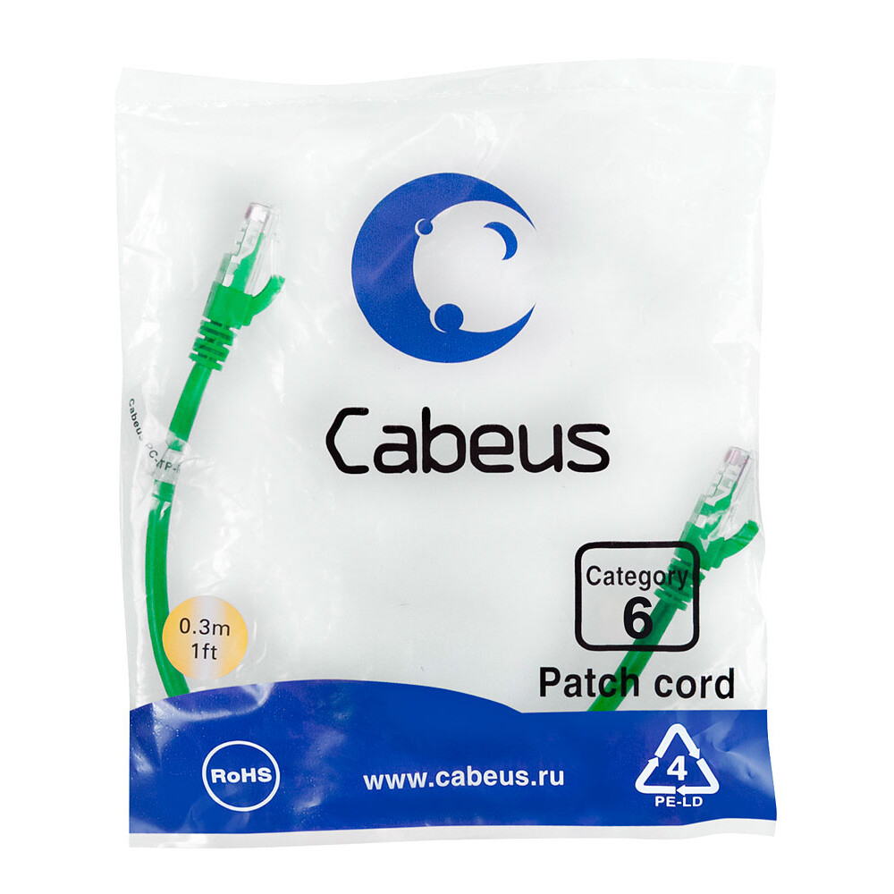 Патч-корд Cabeus PC-UTP-RJ45-Cat.6-0.3m-GN, 0.3м — изображение 2