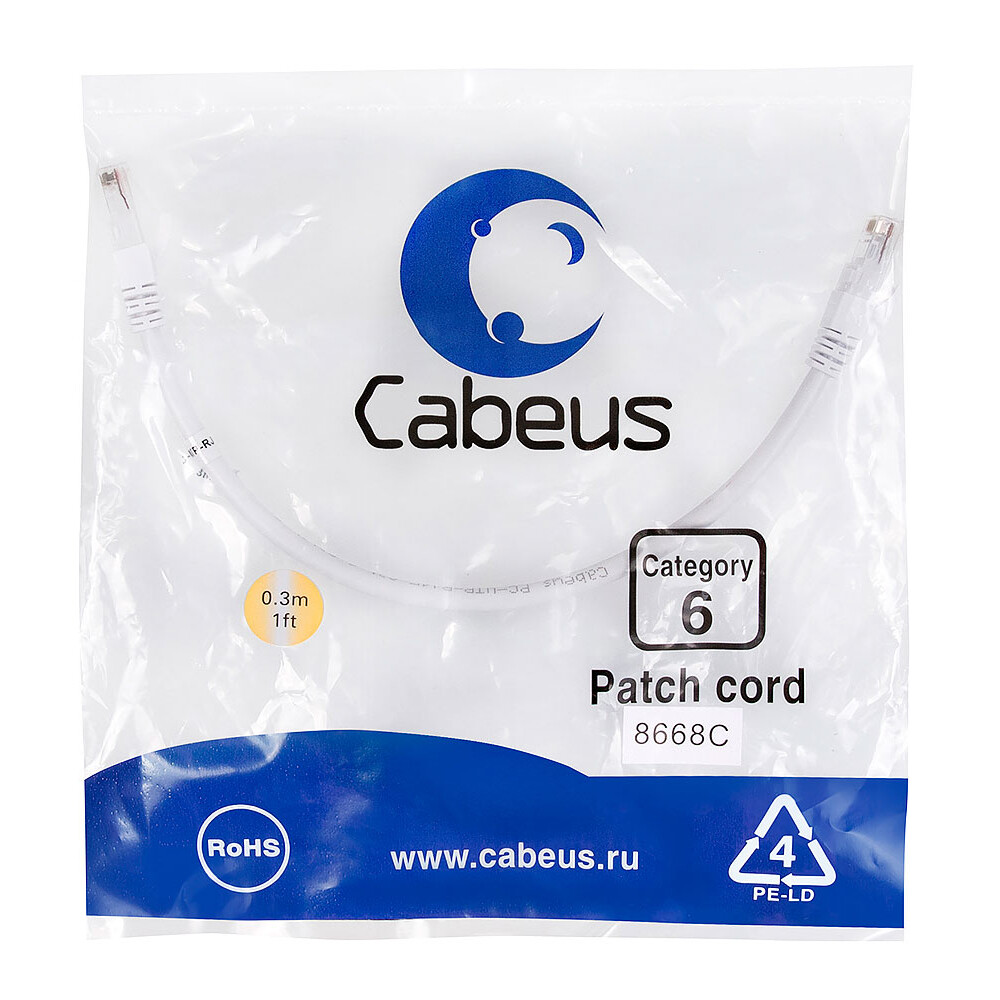 Патч-корд Cabeus PC-UTP-RJ45-Cat.6-0.3m-WH, 0.3м — изображение 2