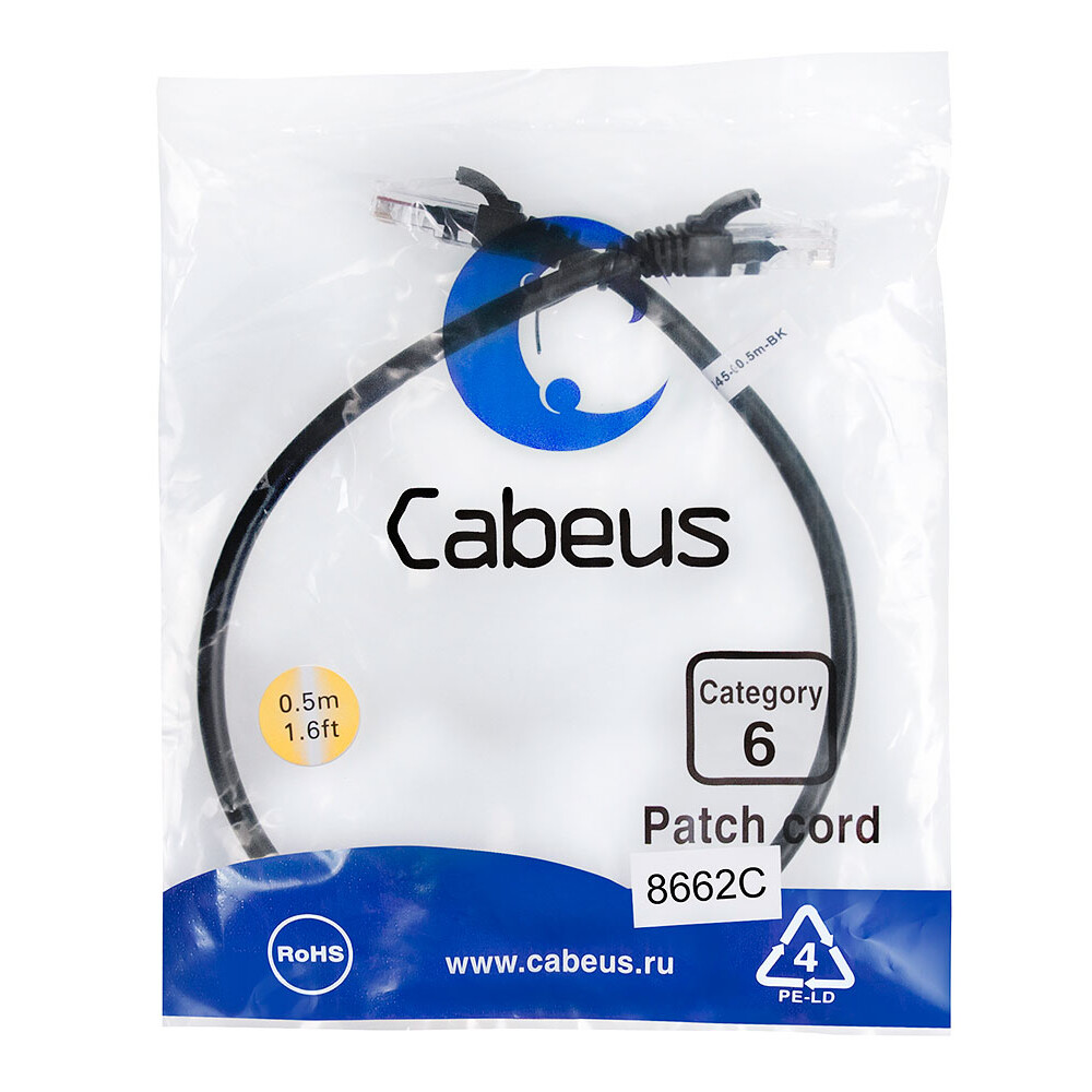 Патч-корд Cabeus PC-UTP-RJ45-Cat.6-0.5m-BK, 0.5м — изображение 2