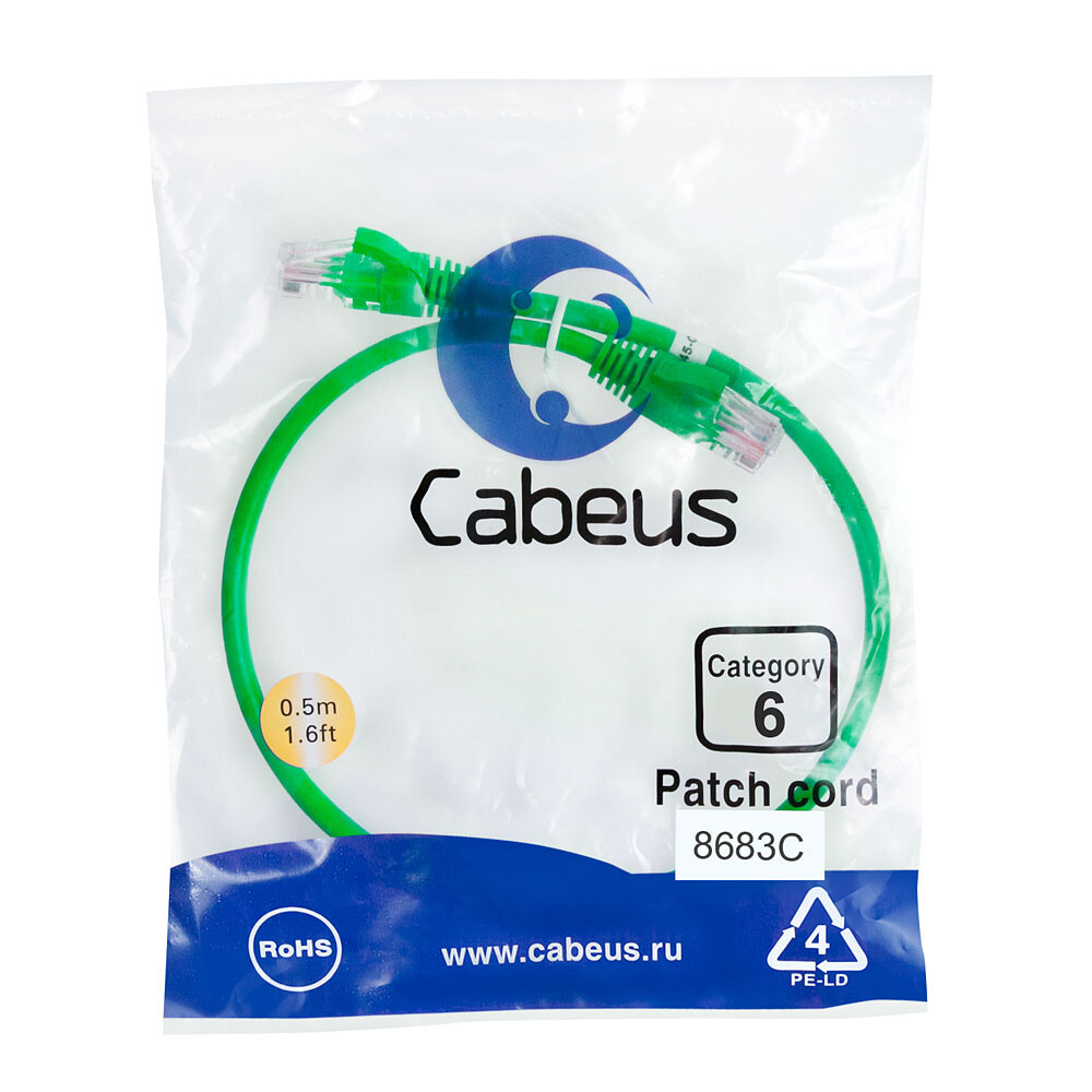 Патч-корд Cabeus PC-UTP-RJ45-Cat.6-0.5m-GN, 0.5м — изображение 2