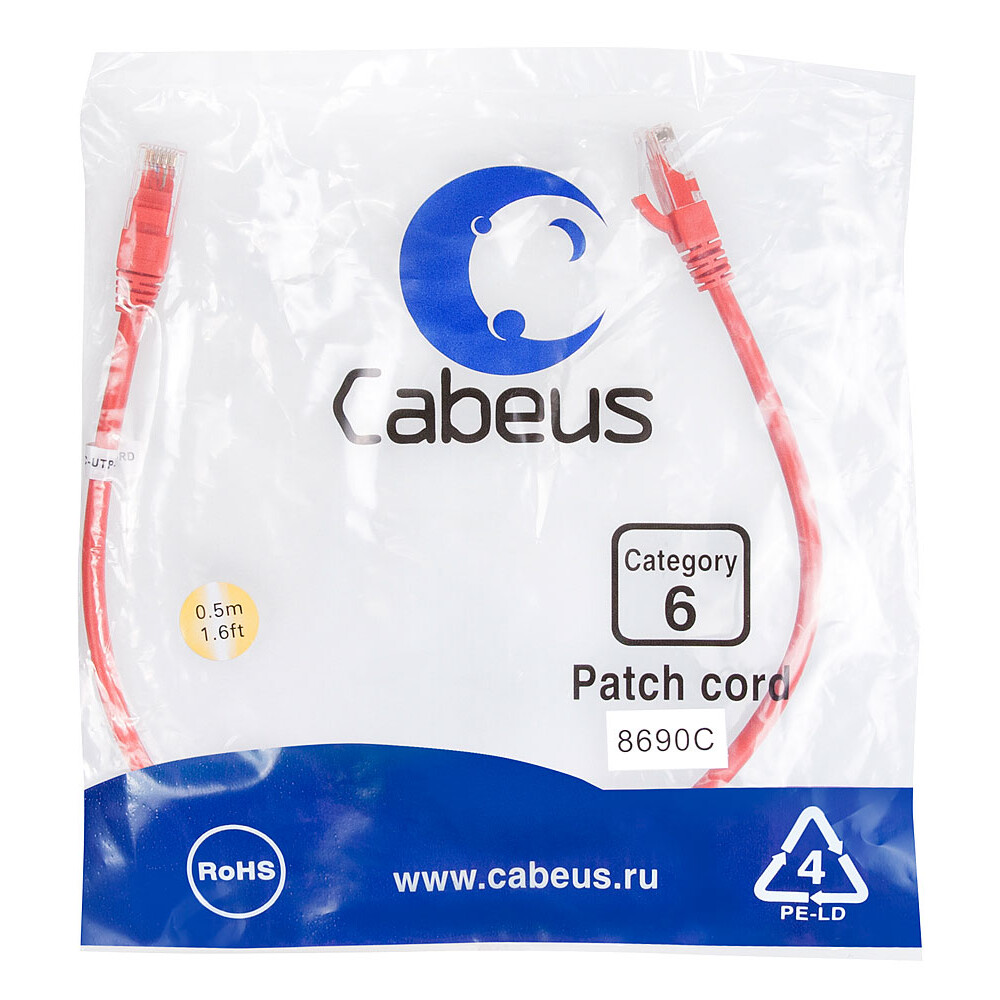 Патч-корд Cabeus PC-UTP-RJ45-Cat.6-0.5m-RD, 0.5м — изображение 2