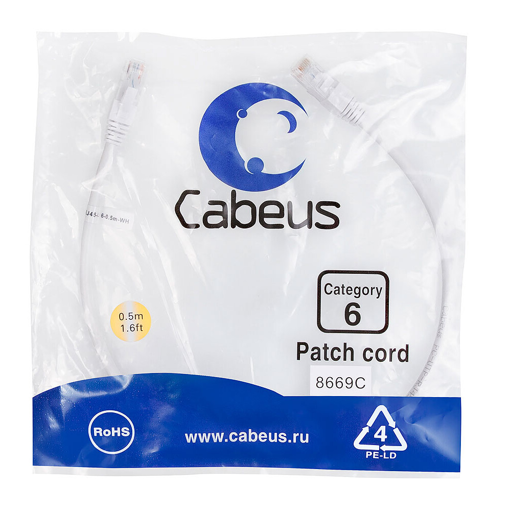 Патч-корд Cabeus PC-UTP-RJ45-Cat.6-0.5m-WH, 0.5м — изображение 2