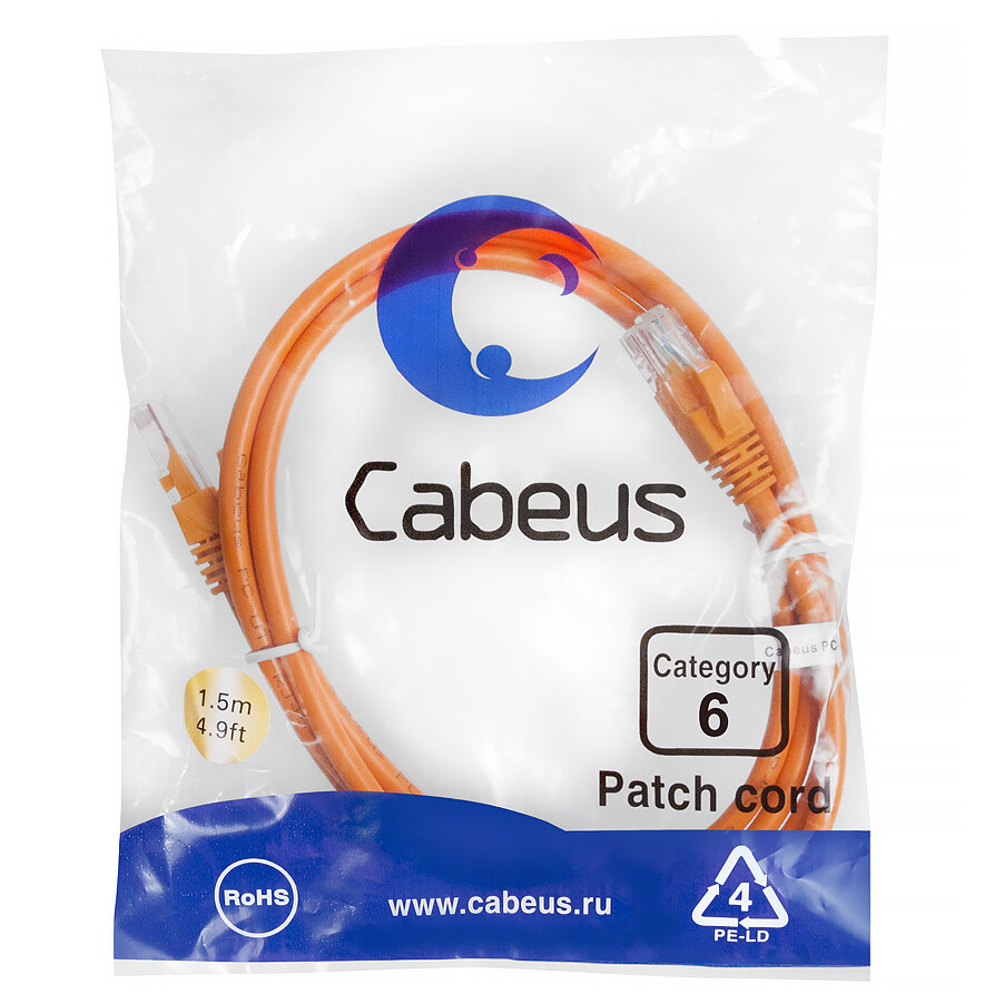 Патч-корд Cabeus PC-UTP-RJ45-Cat.6-1.5m-OR, 1.5м — изображение 2