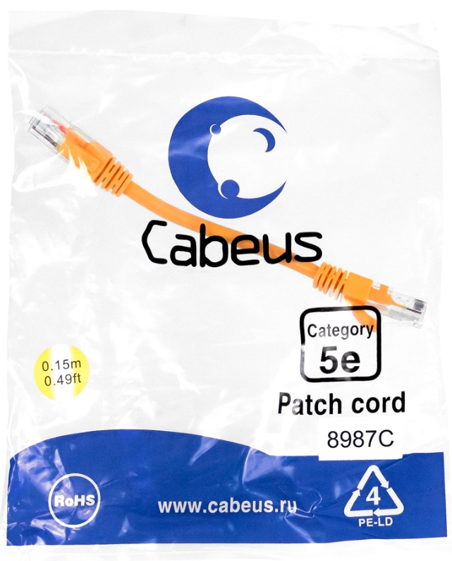 Кабель патч-корд U/UTP 5e кат. 0.15м Cabeus PC-UTP-RJ45-Cat.5e-0.15m-OR