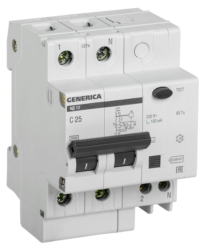 Автомат дифференциальный GENERICA MAD15-2-025-C-100