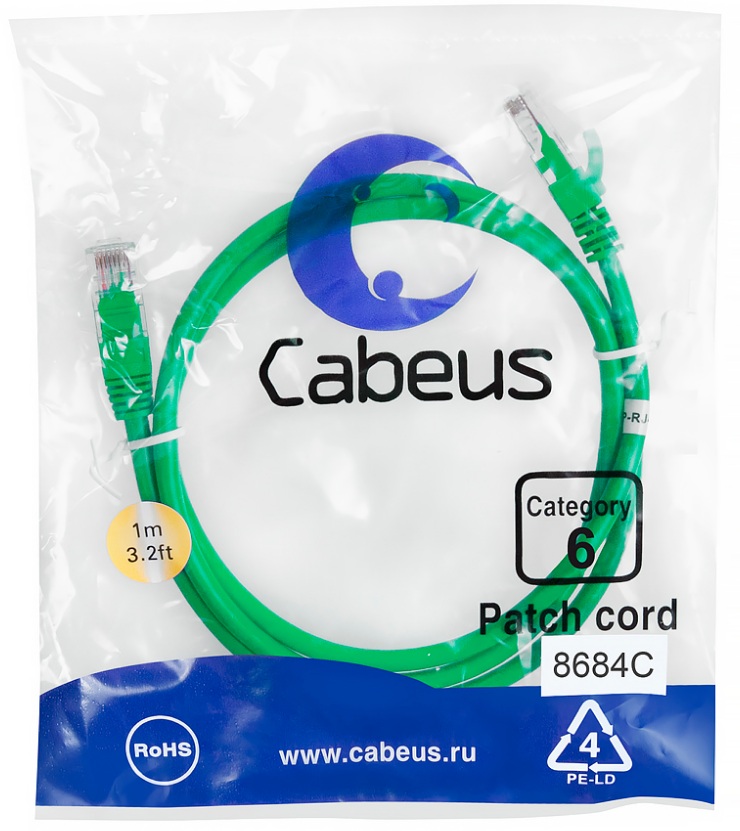 Кабель патч-корд U/UTP 6 кат. 1м Cabeus PC-UTP-RJ45-Cat.6-1m-GN