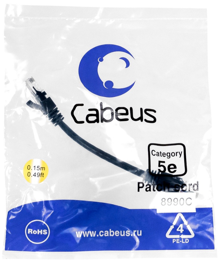 Кабель патч-корд U/UTP 5e кат. 0.15м Cabeus PC-UTP-RJ45-Cat.5e-0.15m-BK