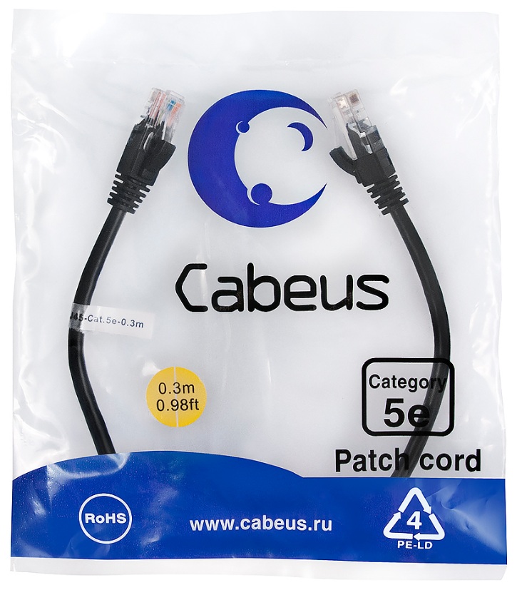 Кабель патч-корд U/UTP 5e кат. 0.3м Cabeus PC-UTP-RJ45-Cat.5e-0.3m-BK-LSZH