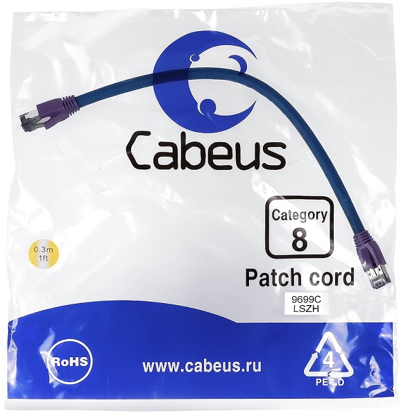 Кабель патч-корд SSTP 8 кат. 0,3м Cabeus PC-SSTP-RJ45-Cat.8-0.3m-LSZH