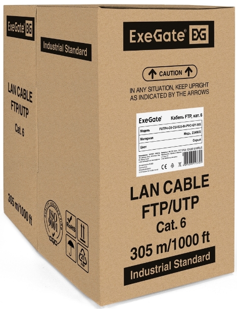 Кабель витая пара F/FTP 6 кат. 4 пары Exegate FUTP4-C6-CU-S23-IN-PVC-GY-305