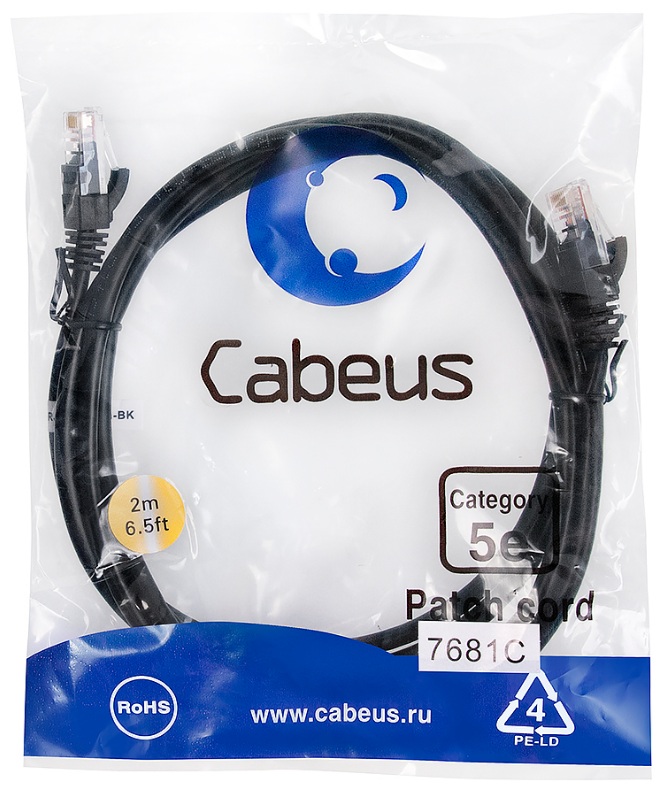 Кабель патч-корд U/UTP 5e кат. 2м Cabeus PC-UTP-RJ45-Cat.5e-2m-BK-LSZH