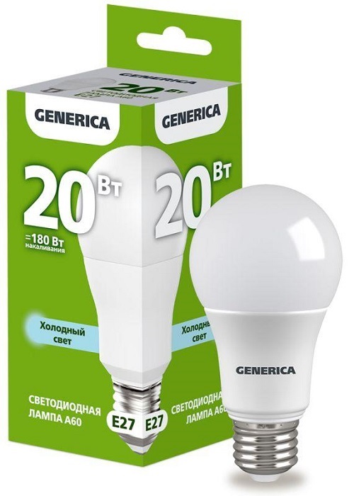 Лампа светодиодная GENERICA LL-A60-20-230-65-E27-G